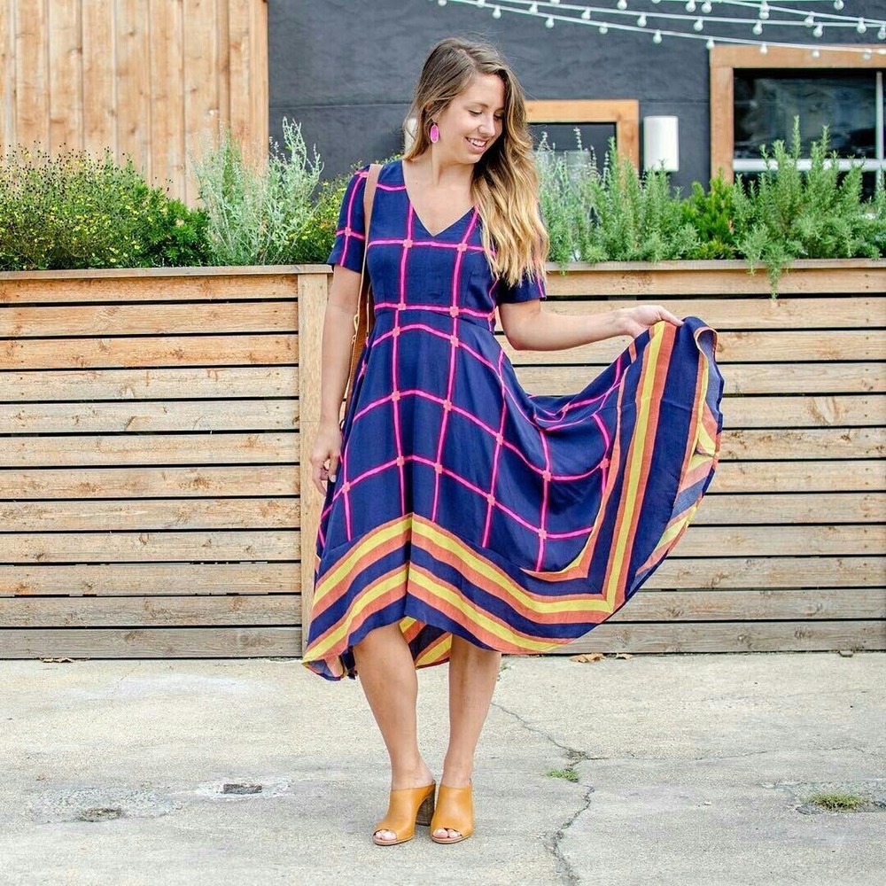 HD in Paris Anthropologie Maisie Plaid Midi Dress Size 2 Navy Blue OB528355